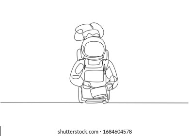 One single line drawing of young astronaut chef mixing healthy dough with mixer and metal pan vector illustration. Delicious space galaxy dish concept. Modern continuous line graphic draw design