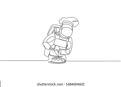 One single line drawing of young astronaut decorating birthday cake using foam cream for celebrating birthday party vector illustration. Sweet dessert cake concept. Modern continuous line draw design