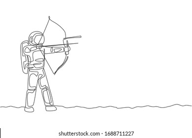 One single line drawing of young astronaut focus training to improve his shot into target in moon surface graphic vector illustration. Cosmonaut deep space concept. Modern continuous line draw design
