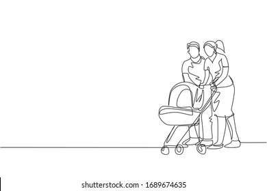 One single line drawing of young happy mother and father pushing baby trolley together ah outdoor park graphic vector illustration. Parenting education concept. Modern continuous line draw design