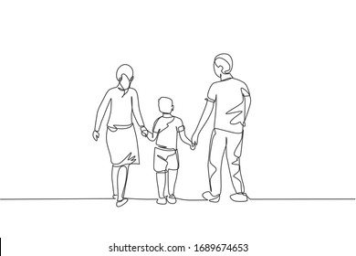 One single line drawing of young happy mother and father lead their son walking together, holding his hands graphic vector illustration. Parenting education concept. Modern continuous line draw design