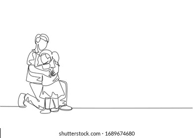 One single line drawing of young happy father hugging his lovely daughter full of warmth at school vector illustration. Parenting education concept. Modern continuous line graphic draw design