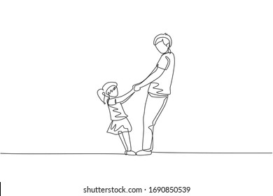 One single line drawing young happy dad   his daughter holding hands   dancing together at home graphic vector illustration  Family parenting education concept  Modern continuous line draw design