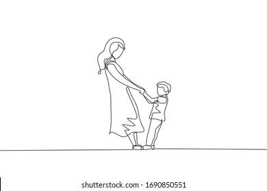 One single line drawing young happy mom and her son holding hands and dancing together graphic vector illustration. Parenting education. Family parenthood concept. Modern continuous line draw design