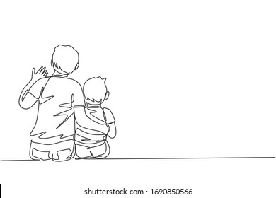 One single line drawing of young happy dad talking with his son about idea and purpose of life at home vector illustration. Parenting education. Family parenthood concept. Continuous line draw design
