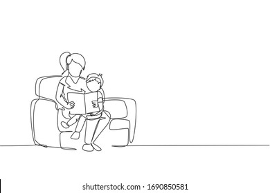 One single line drawing young happy mother and her son siting on sofa reading a story book together vector graphic illustration. Family parenting education concept. Modern continuous line draw design