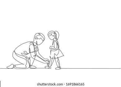 One single line drawing of young dad tying her daughter shoelaces before go to school , parenting vector illustration. Happy family playing together concept. Modern continuous line draw graphic design