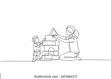 One single line drawing young mom playing and her son building house from foam puzzle block toy  parenting vector illustration  Happy family playing together concept  Continuous line draw design