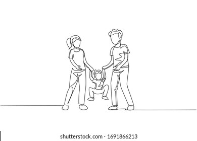 One single line drawing young mom dad holding their son together then lift   swing him  parenting vector illustration  Happy family playing together concept  Modern continuous line draw design