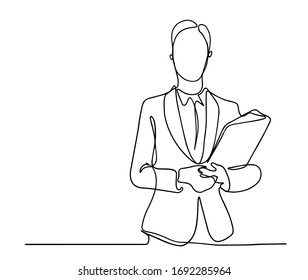 One single line drawing of young female bisinessman holding the file. business woman concept continuous line draw design illustration. Business woman with folder wearing a suit one line design.