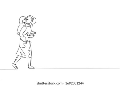 One single line drawing of young mom talking while carrying her sleepy tired daughter on back go to the bed room vector illustration. Happy family parenting concept. Modern continuous line draw design