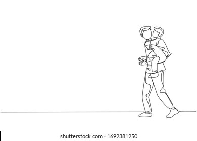 One single line drawing of young father talking to his sleepy son while carrying him on back go to the bed room vector illustration. Happy family parenting concept. Modern continuous line draw design