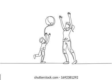 One single line drawing of young mom playing throw beach ball with her son at home graphic vector illustration. Happy family parenting concept. Modern continuous line draw design