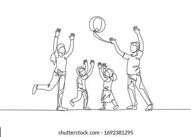 One single line drawing of young mother and father playing throw beach ball with their son and daughter at home vector illustration. Happy family parenting concept. Modern continuous line draw design