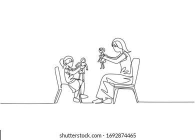 One single line drawing of young mom and her daughter siting on chair and playing princess doll together at home vector illustration. Happy family bonding concept. Modern continuous line draw design