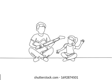 One single line drawing young father playing guitar and happy singing together with his daughter at home graphic vector illustration. Happy family bonding concept. Modern continuous line draw design