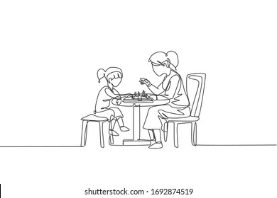 One single line drawing of young mom and her son siting on chair and playing chess game together at home vector illustration. Happy family bonding concept. Modern continuous line draw design graphic