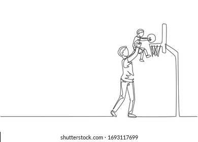 One single line drawing young father raise his son to score when playing basketball game at home field vector graphic illustration. Happy parenting learning concept. Modern continuous line draw design