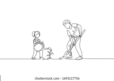 One single line drawing young father digging ground using shovel and daughter watering a plant at home garden vector illustration. Happy parenting learning concept. Continuous line graphic draw design