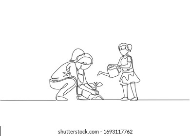 One single line drawing young mom teach her daughter planting while the kid watering plant at home garden vector illustration  Happy parenting learning concept  Modern continuous line draw design