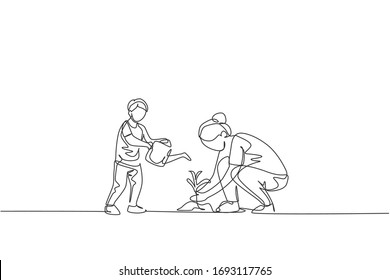 One single line drawing of young mother teach her son planting while the kid watering a plant at home garden vector illustration. Happy parenting learning concept. Modern continuous line draw design