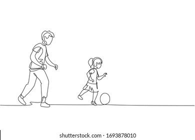 One single line drawing of young dad running and playing football soccer with his daughter at public field park vector illustration. Happy family parenting concept. Modern continuous line draw design