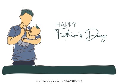 One single line drawing of young father feeding his baby full of care vector illustration. Happy father's day concept. Greeting card with typography. Modern continuous line draw design