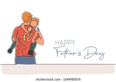 One single line drawing of young dad carrying his sleepy son hold robot toy vector illustration. Happy father's day concept. Greeting card with typography. Modern continuous line draw design