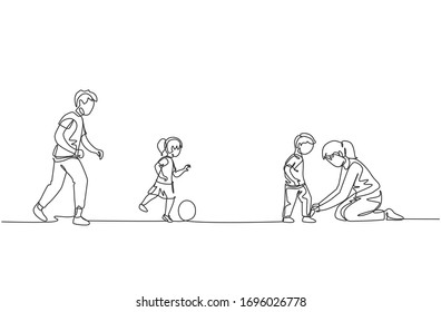 One single line drawing of young dad playing soccer with daughter at field while mom tying son's shoelaces vector illustration. Happy family parenting concept. Modern continuous line draw design
