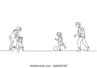 One single line drawing of young father playing soccer with daughter while mother teaching son to walk at field vector illustration. Happy family parenting concept. Modern continuous line draw design