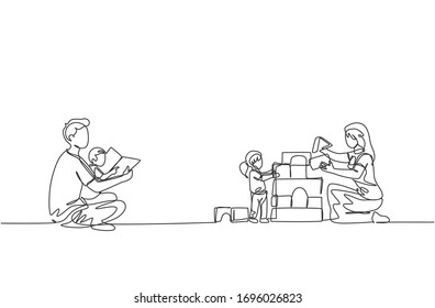 One single line drawing of young dad reading book to son and mom playing block puzzle house with daughter vector illustration. Happy family parenting concept. Modern continuous line draw design