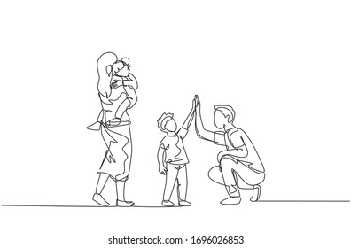 One single line drawing young father giving high five to his son while mother carrying sleepy daughter vector illustration  Happy family parenting concept  Modern continuous line draw design