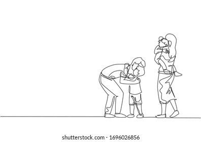 One single line drawing of young father hugging his son before go to the office while mom carrying daughter at home vector illustration. Happy family parenting concept. Continuous line draw design