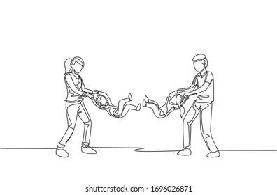 One single line drawing of young father and mother playing with their son and daughter, swinging into the air at home vector illustration. Happy family parenting concept. Continuous line draw design