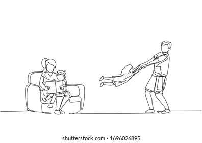 One single line drawing of young father playing with daughter while mother sitting on sofa and reading book to son vector illustration. Happy family parenting concept. Continuous line draw design