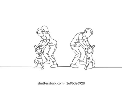 One single line drawing of young parents teaching their twin kids to walk at home vector illustration. Happy family parenting concept. Modern continuous line draw design