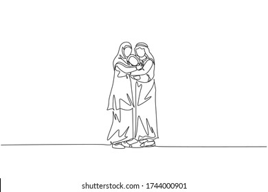 One single line drawing of young Arabian father and mother hugging their baby full of love vector illustration. Islamic Muslim happy family parenting concept. Modern continuous line draw design