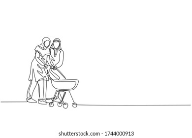 One single line drawing of young Arabian mother and father walk and push baby trolley at outdoor park vector illustration. Islamic Muslim happy family parenting concept. Continuous line draw design