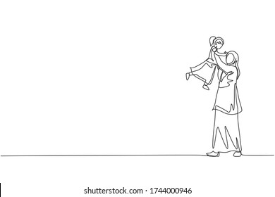 One single line drawing of young Islamic mother playing and lifting her daughter girl up into the air vector illustration. Arabian muslim happy family parenting concept. Continuous line draw design