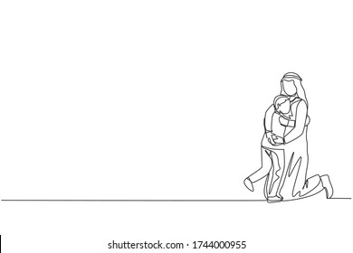 One single line drawing of young Arabic father playing and hugging boy son full of love warmth vector illustration. Islamic muslim happy family parenting concept. Modern continuous line draw design