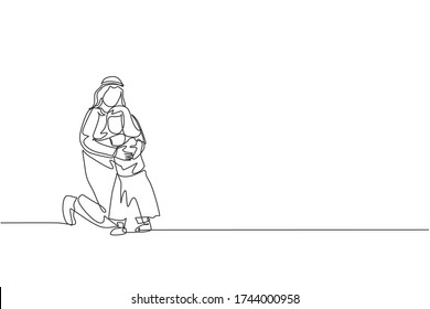 One single line drawing of young happy Arabian father hugging her daughter girl full of love and warmth vector illustration. Muslim happy family parenting concept. Modern continuous line draw design