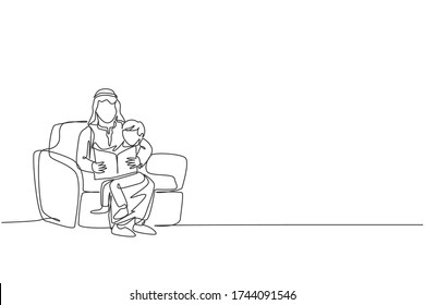One single line drawing of young Islamic dad hugging his boy son and read story book to him vector illustration. Arabian muslim happy family parenting concept. Modern continuous line draw design