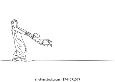 One single line drawing of young Islamic dad play and swing his daughter girl up into the air vector illustration. Arabian muslim happy family parenting concept. Modern continuous line draw design