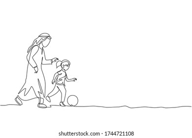 One Single Line Drawing Of Young Arabian Dad Playing Soccer With His Daughter Girl At Field Park Vector Illustration. Happy Islamic Muslim Family Parenting Concept. Modern Continuous Line Draw Design