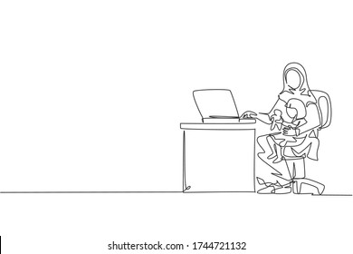 One single line drawing of young Islamic mom work from home while holding her daughter on lap vector illustration. Happy Arabian muslim family parenting concept. Modern continuous line draw design