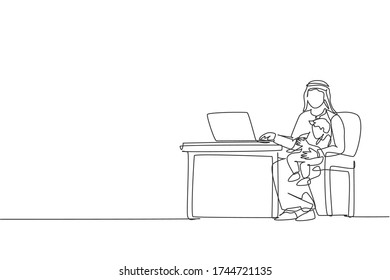 One single line drawing of young Islamic father typing on laptop and hugging his son vector illustration. Work from home. Happy Arabian muslim family parenting concept. Continuous line draw design