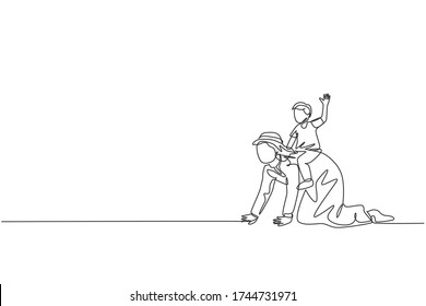 One single line drawing of young Islamic boy son playing and riding on his dad's back at home vector illustration. Happy Arabian muslim family parenting concept. Modern continuous line draw design