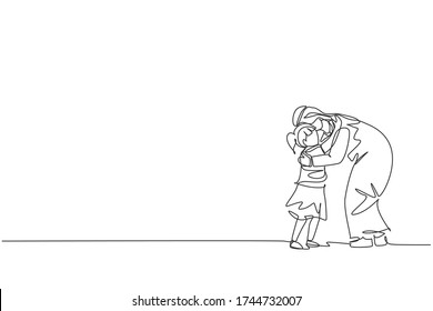 One single line drawing of young Arabian dad hug daughter girl before go to school at the morning vector illustration. Happy Islamic muslim family parenting concept. Modern continuous line draw design