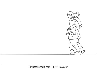 One single line drawing of young Arabian mother talking to her son while carry on piggyback vector illustration. Happy Islamic muslim family parenting concept. Modern continuous line draw design