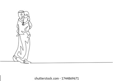 One single line drawing of young Islamic dad carrying and hugging his sleepy daughter to bedroom vector illustration. Happy Arabian muslim family parenting concept. Modern continuous line draw design